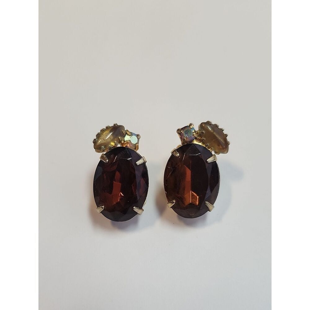 Vintage Brown Gold And AB Clip On Earrings